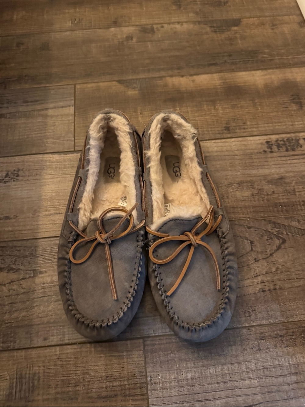 UGG Grey Suede Shearling-Trim Moccasins - Picture 2 of 3